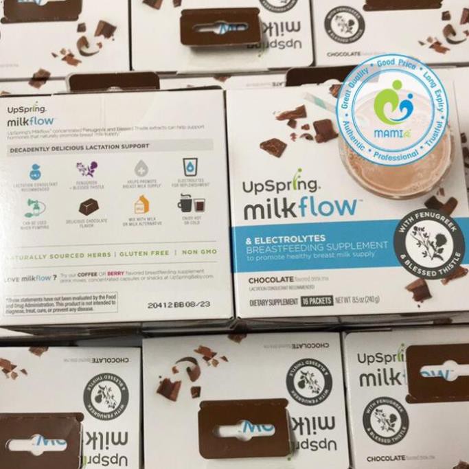 Ngũ cốc lợi sữa (16 gói) Upspring dâu/socola có Electrolytes điện giải cho mẹ bú Milkflow Fenugreek, Blessed Thistle, Mỹ