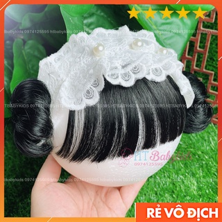 Free Ship - Băng Đô Turban Cho Bé Gái Tóc Giả Hai Bên Ren Nơ Trắng- Đủ Size Cho Bé Sơ Sinh