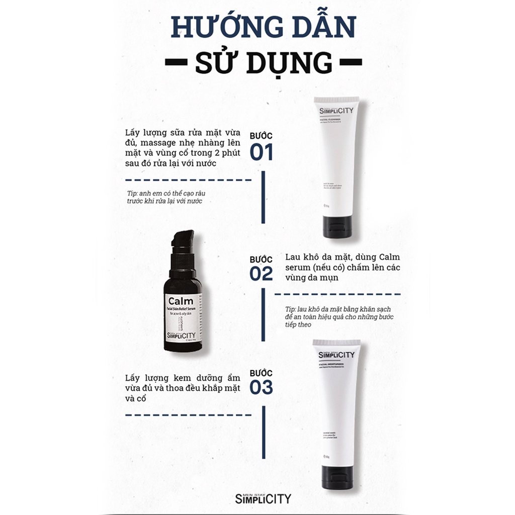 Bộ sản phẩm chăm sóc da mụn toàn diện cho nam Men Stay Simplicity Acne Relief Skincare Trio giảm mụn an toàn