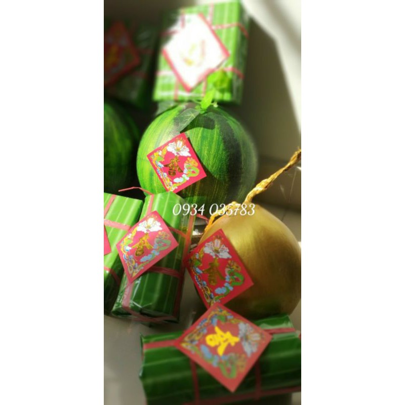 Bánh chưng bánh tét dưa hấu dừa vàng pháo giả trang trí