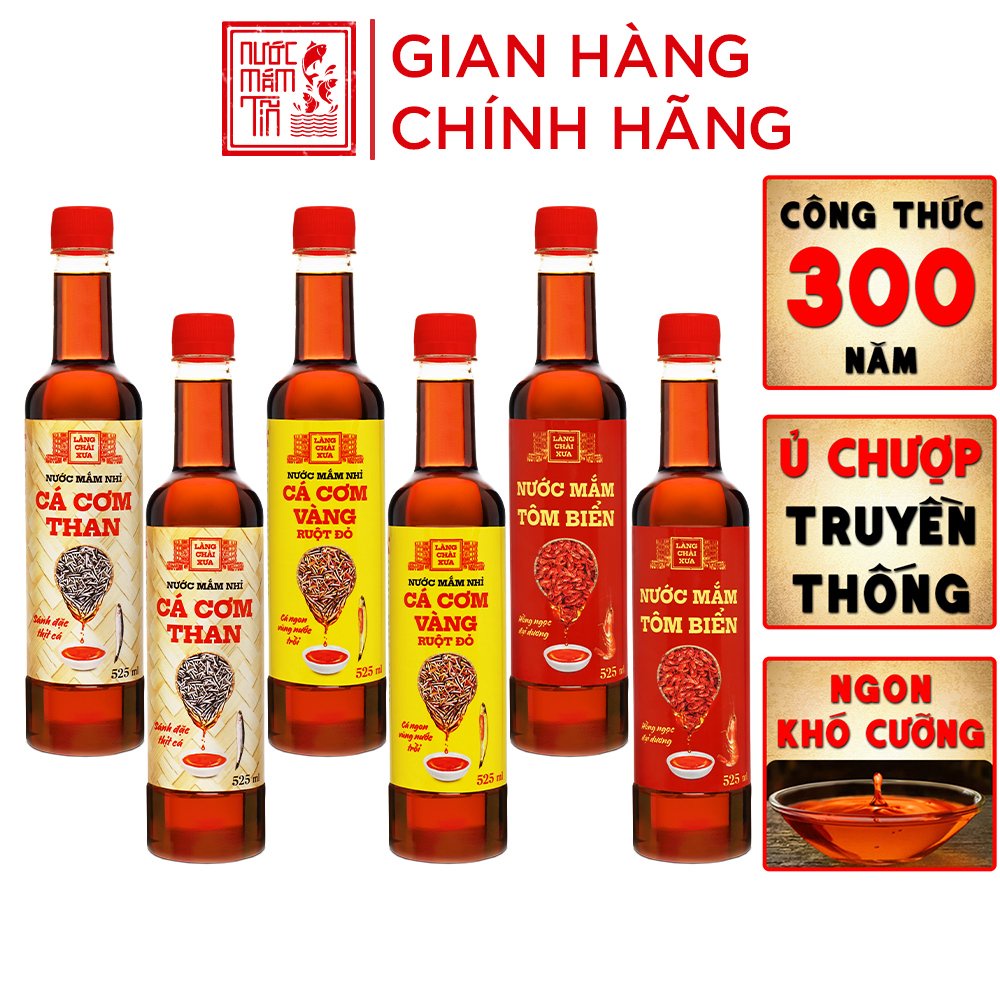 Nước Mắm Nhỉ Làng Chài Xưa Cá Cơm Than, Tôm Biển, Cá Cơm Vàng Ruột Đỏ 525ml/chai nhựa cao cấp