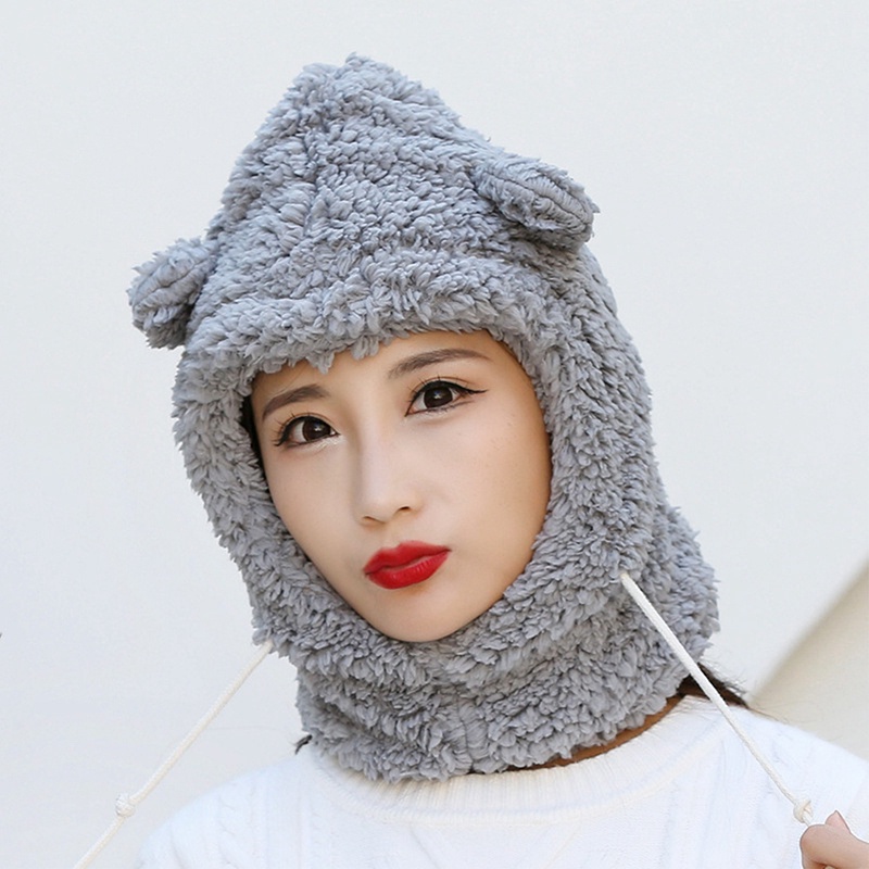 Set Mũ beanie Kèm Khăn Choàng Cổ Đính Tai Gấu Bông Dễ Thương Cho Nữ