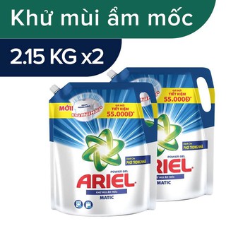 Hai túi nước giặt Ariel khử mùi ẩm mốc 2.15l