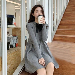 Đầm dệt kim tay dài dáng rộng có nơ đính xinh xắn thời trang phong cách Hàn Quốc cho nữ