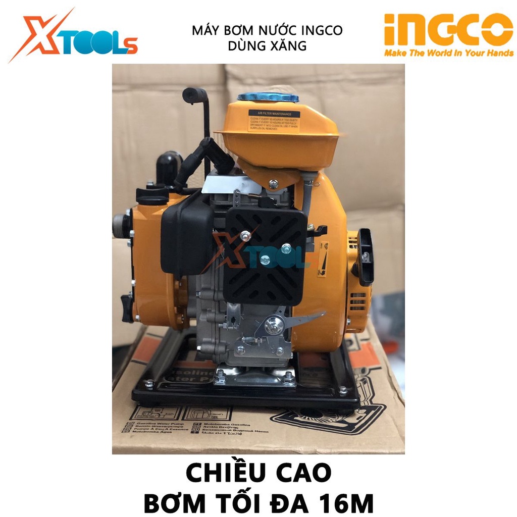 Máy bơm nước dùng xăng INGCO GWP102 | máy bơm nước Chiều cao bơm 16m, Lưu lượng bơm 100L/min, dung tích xilanh 105cc tăn