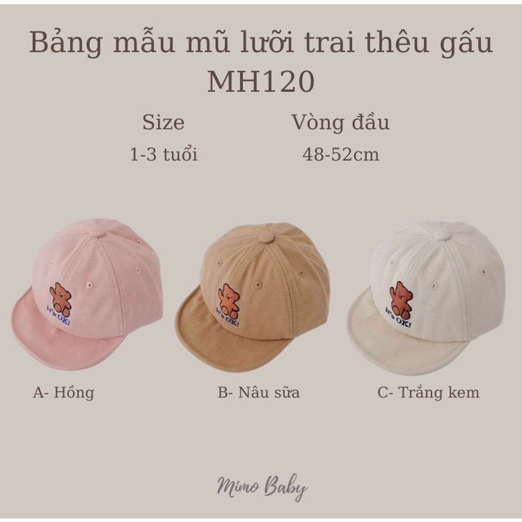 Mũ nón lưỡi trai thêu hình gấu dễ thương cho bé MH120 Mimo Baby