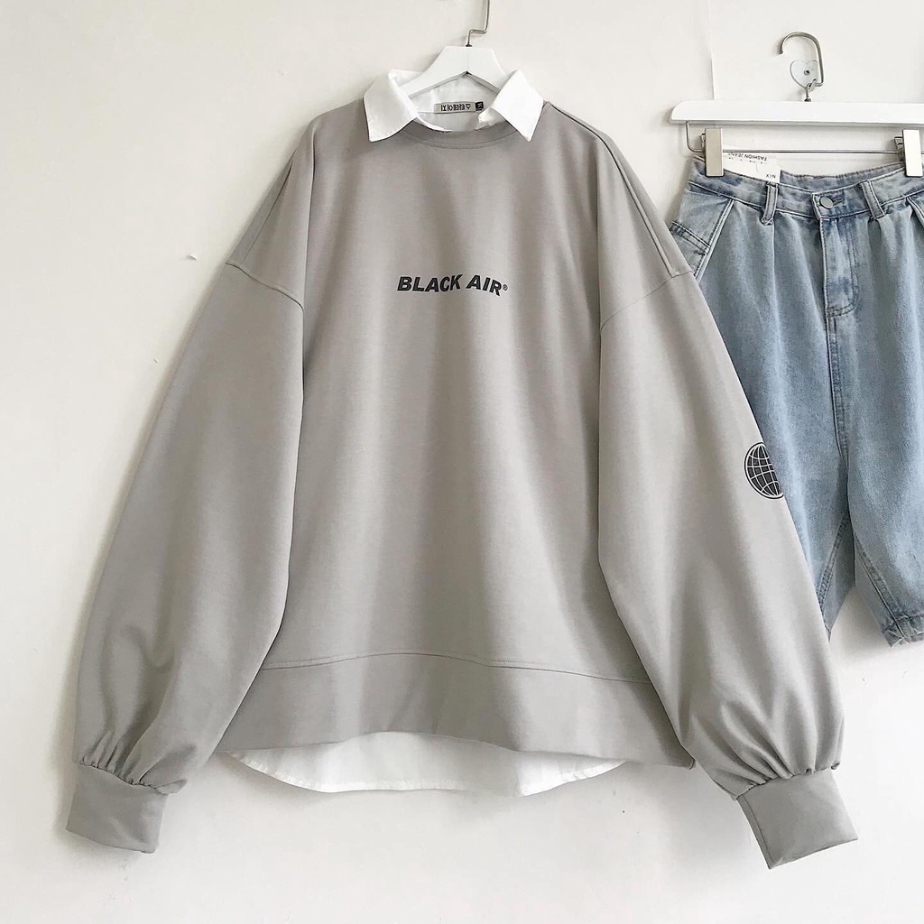 Áo Sweater Form Rộng JEM CLOSET Tay Dài Black Air Chất Nỉ Da Cá Mix Đồ Lên Dáng Cực Xinh 1861