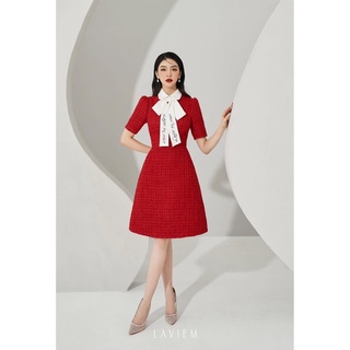 Bán sỉ váy dạ đỏ nơ cổ