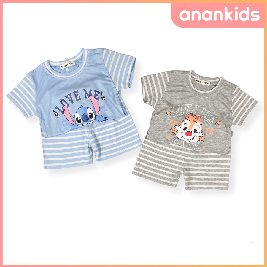 Bộ Thun Lạnh Cộc Tay Cho Bé Trai Bé Gái 8-19kg -TN-IN79 Kẻ Sọc In Hoạt Hình Chất Vải Thoáng Mát