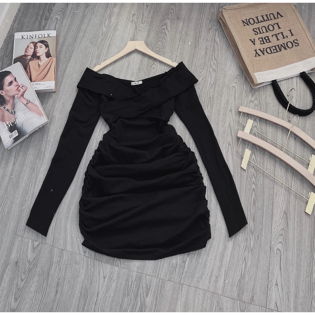 Đầm ôm body đen bẹt trễ hở vai tay dài tôn dáng sexy ulzzang