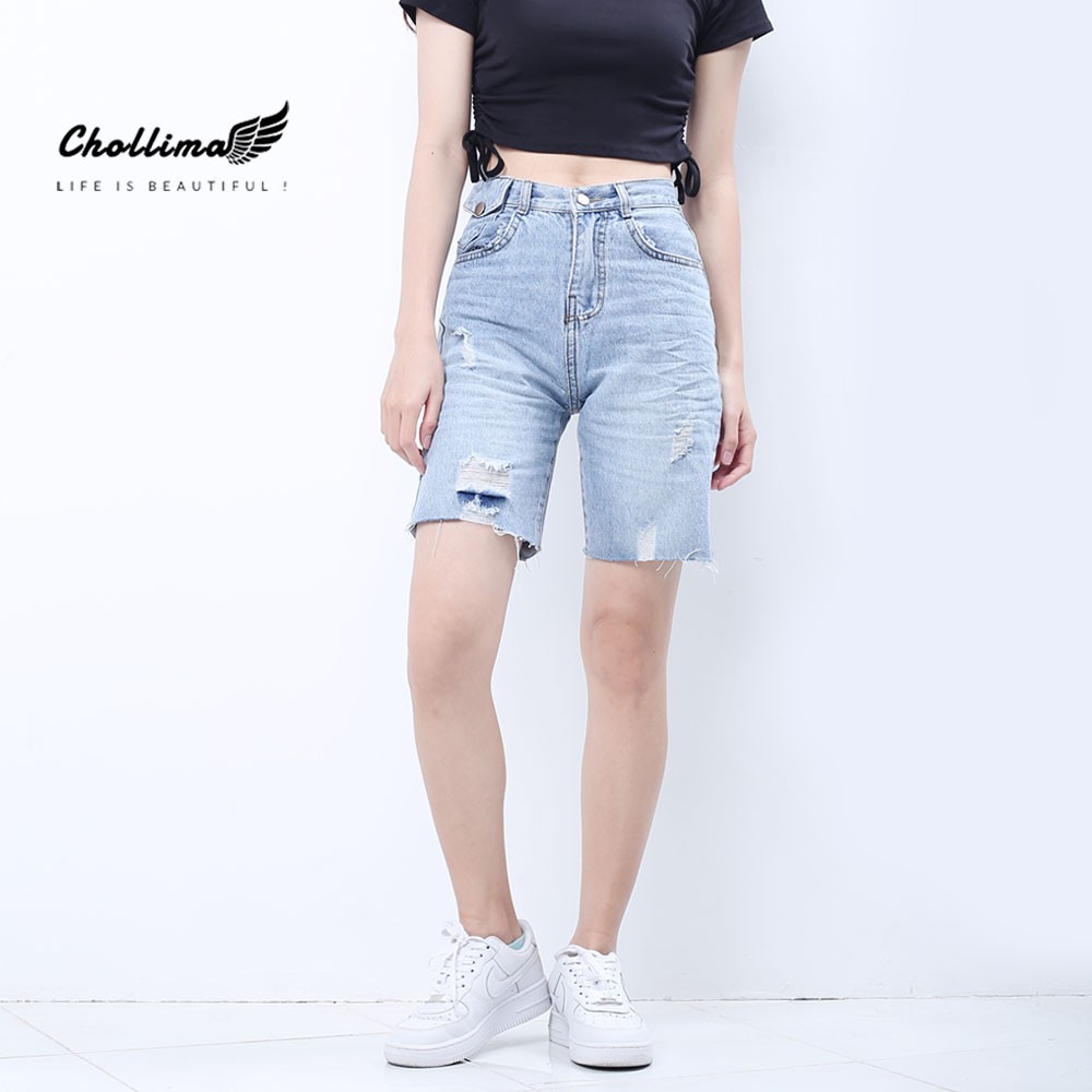 Quần ngố jeans nữ Chollima đắp túi nhỏ có nắp tua lai phong cách trẻ trung sành điệu QS023