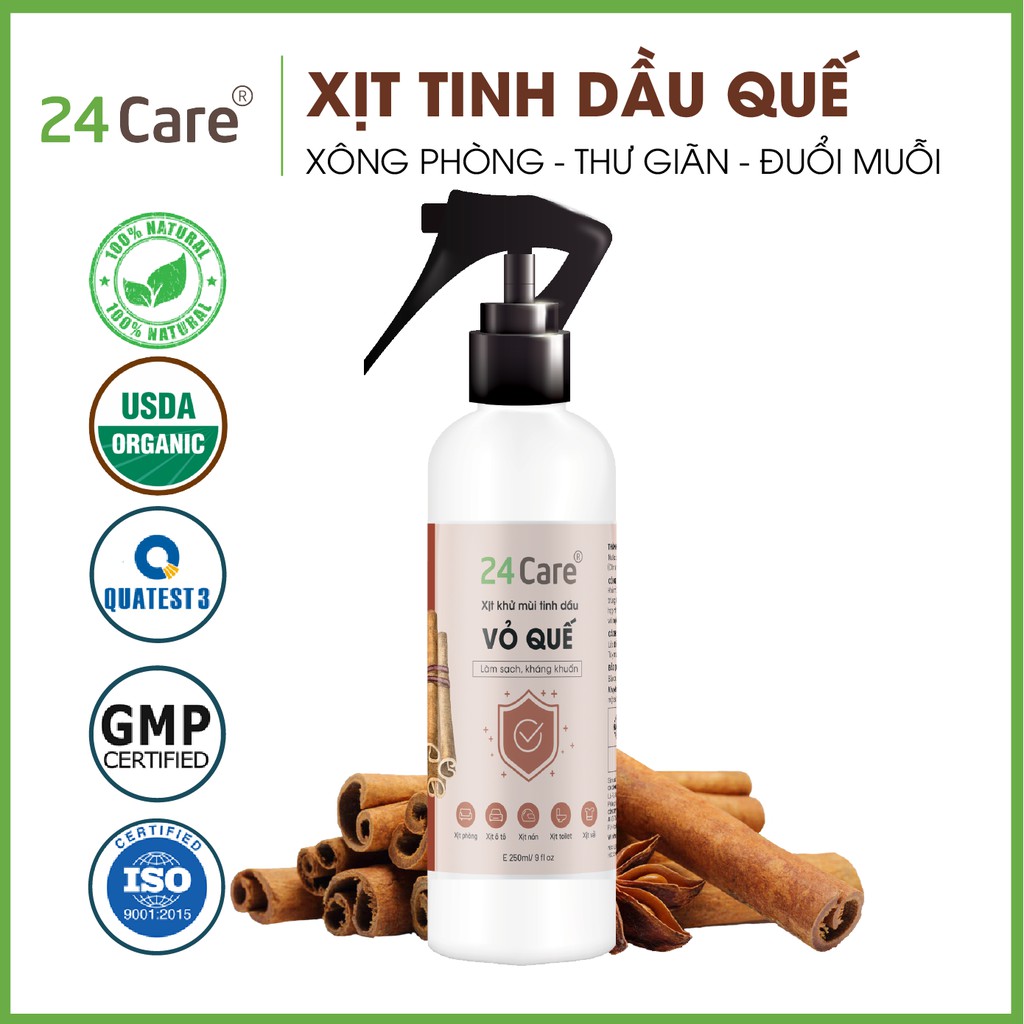 Xịt khử mùi thơm phòng Quế 24Care 100ml - Xua đuổi côn trùng, định tâm, kháng khuẩn