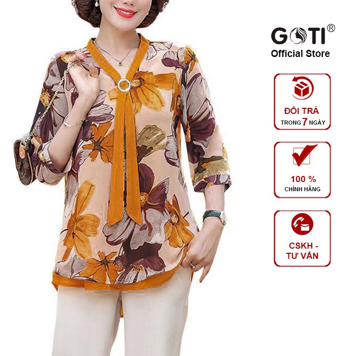 GOTI - Áo Trung Niên Kiểu Nữ Cổ Thắt Nơ Dáng Suông Vải Voan 2 Lớp Tặng Mẹ U50 U60 3A20 3A08 3A14