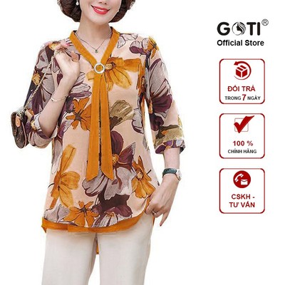GOTI - Áo Trung Niên Kiểu Nữ Cổ Thắt Nơ Dáng Suông Vải Voan 2 Lớp Tặng Mẹ U50 U60 3A20 3A08 3A14