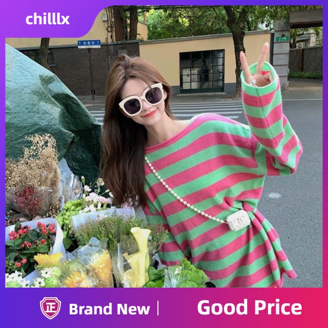 Áo Sweater Dệt Kim Mỏng Dáng Rộng Tay Dài Kẻ Sọc Nhiều Màu Sắc Thời Trang Cho Nữ