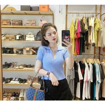 Áo croptop len trơn V cộc tay cổ bẻ