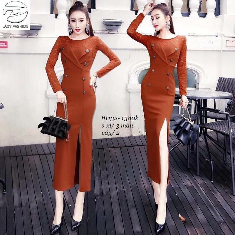 ĐẦM BODY XẺ TÀ PHỐI REN NÚT CỔ VEST D0812