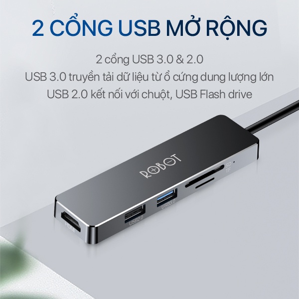 Bộ Chuyển Đổi 5in1 Robot HT240S Type-c Sang Cổng Kết Nối USB 3.0 /HDMI/PD/MicroSD/TFcard