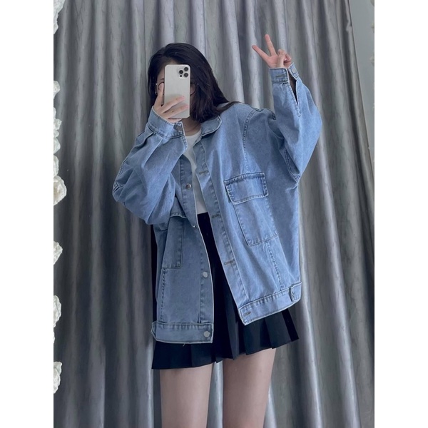 Áo khoác jeans túi nắp form rộng OVERSIZE- áo bò nữ khoác ngoài dày dặn phong cách ulzzang hàn quốc