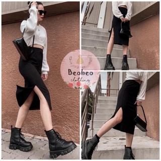 [Ảnh thật] Chân váy midi đen lưng thun xẻ đùi ulzzang