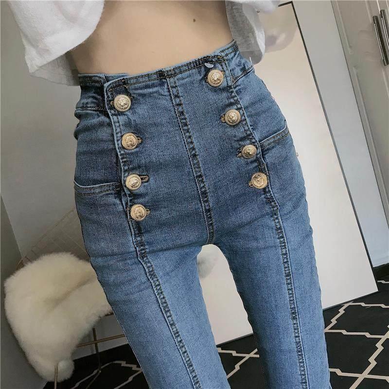 Jiashucheng Quần Jean Nữ Cạp Cao Dáng Ôm Cài Hai Hàng Khuy Siêu Co Giãn