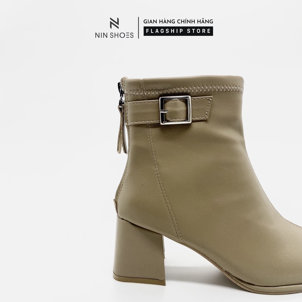 Giày Boot nữ 5p gót vuông khoá hông kéo khoá sau da si Ninshoes | BigBuy360 - bigbuy360.vn
