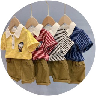 Sét áo cổ bẻ kẻ ngang + quần túi vuông