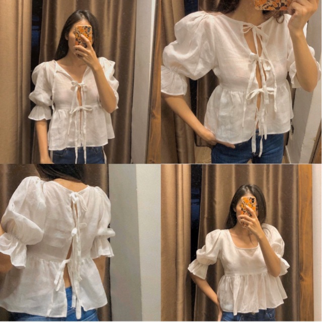 Áo Trắng Doll Top from babydoll mặc được 2 kiểu - áo cut out cột nơ phía trước và sau - vải chất linen sợi mềm tay lỡ