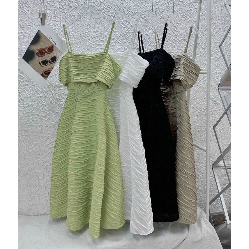 Đầm 2 dây trễ vai vải gợn sóng, Váy hai dây rớt vai Cao Cấp dáng xòe ôm eo tay ôm, nữ tính sexy quyến rũ - MiNhi