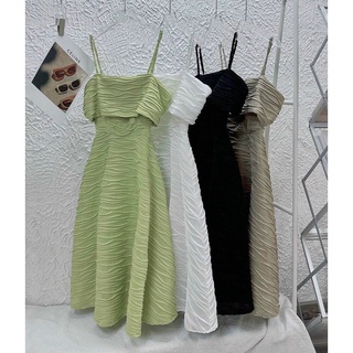 Đầm 2 dây trễ vai vải gợn sóng, Váy hai dây rớt vai Cao Cấp dáng xòe ôm eo tay ôm, nữ tính sexy quyến rũ - MiNhi
