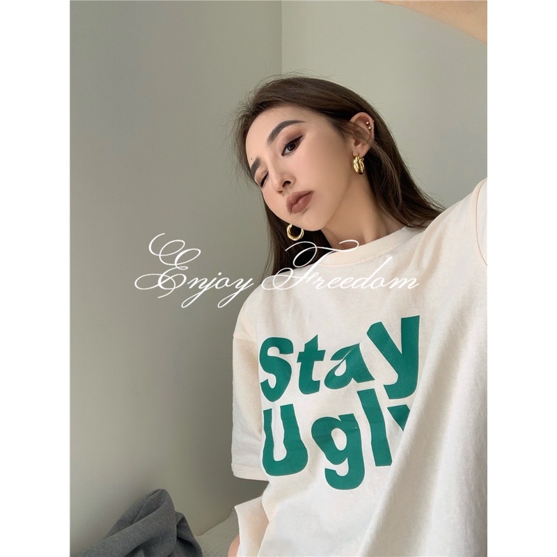 Enjoy Freedom Áo Thun Tay Ngắn Dáng Rộng In Chữ Phong Cách Hàn Quốc Cá Tính Cho Nữ