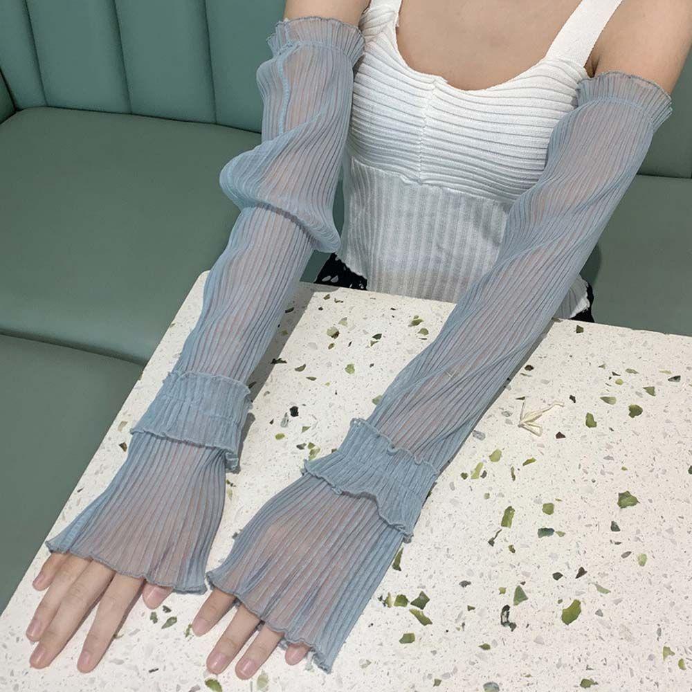 QQMALL Găng Tay Ren Dài Hở Ngón Chống Nắng Bảo Vệ Khỏi Tia UV Hình Lá Sen Đáng Yêu Dành Cho Đi Xe Đạp