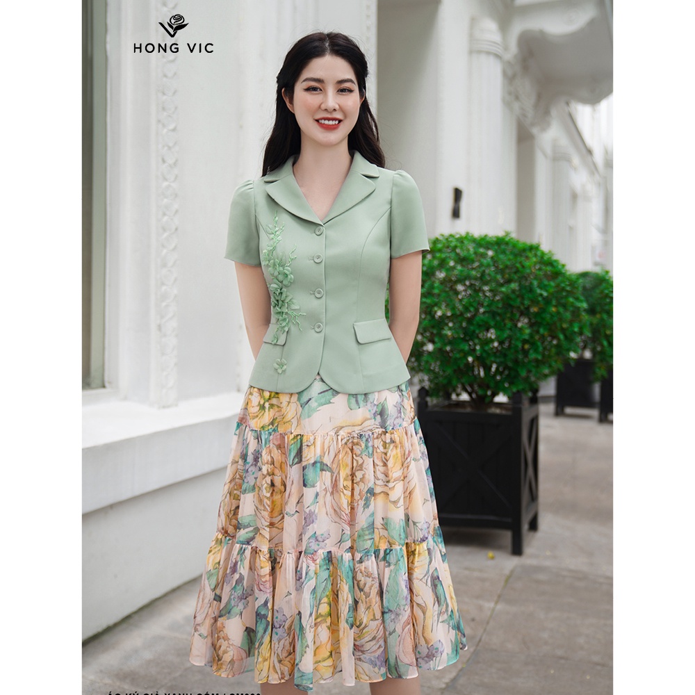 Chân váy nữ thiết kế Hong Vic voan hoa hồng vàng CV203