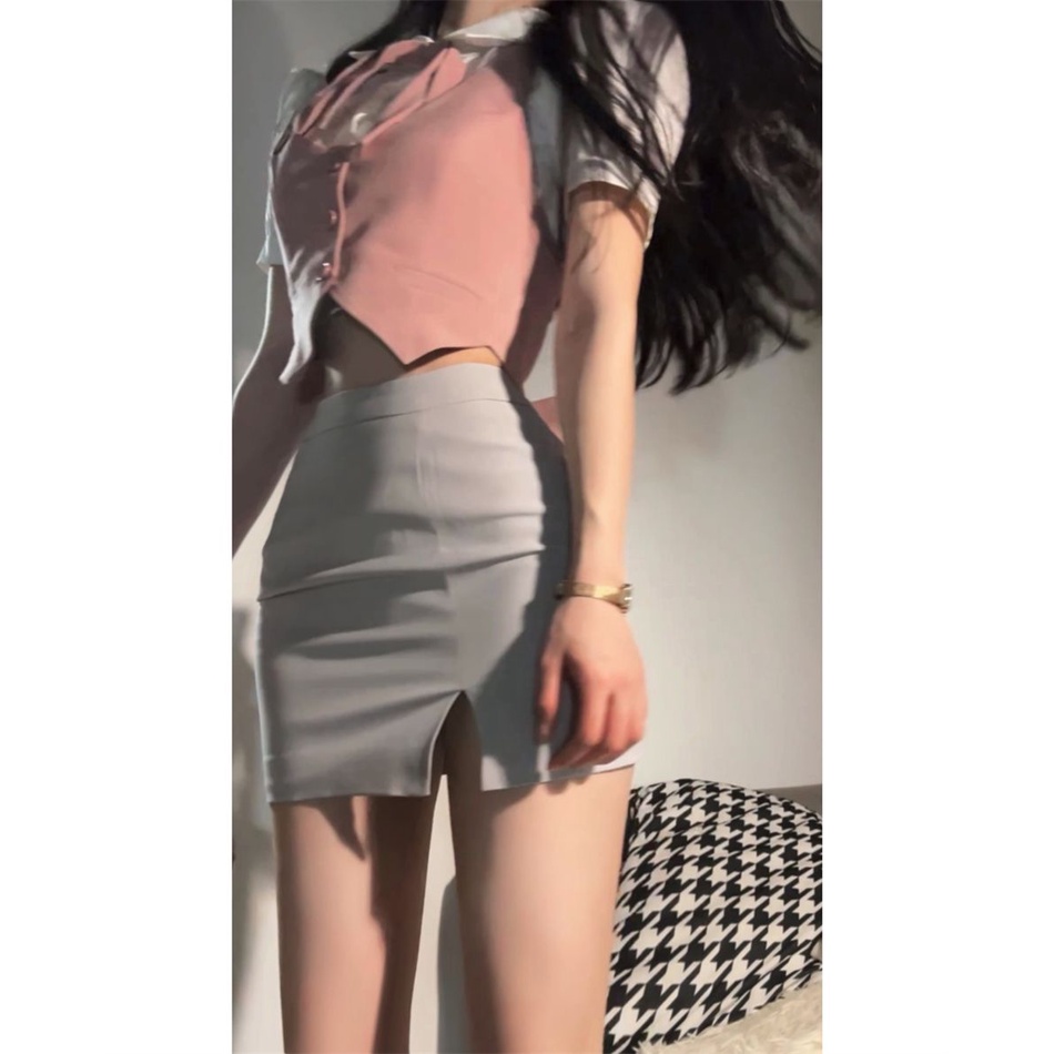 Bộ Áo Sơ Mi Thắt Nơ Giả Hai Mảnh + Chân Váy Ngắn Ôm Hông Xẻ Tà Gợi Cảm Phong Cách Preppy Mới Cho Nữ