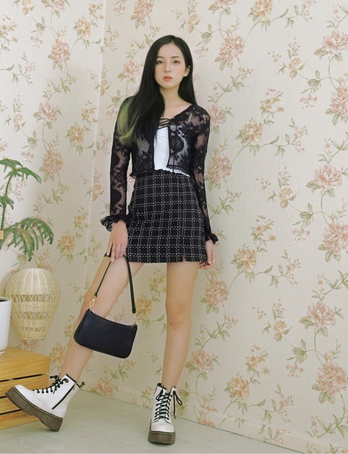 Áo cardigan ren tay dài hồng pastel và đen DALLA SAIGON | BigBuy360 - bigbuy360.vn