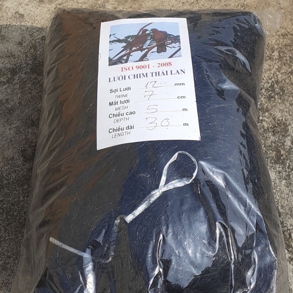 Lưới bẫy chim cu gáy - cò trắng mắt lỗ 7 phân , chiều cao 5 mét 4 dây 3 túi , lưới cước thái màu đen