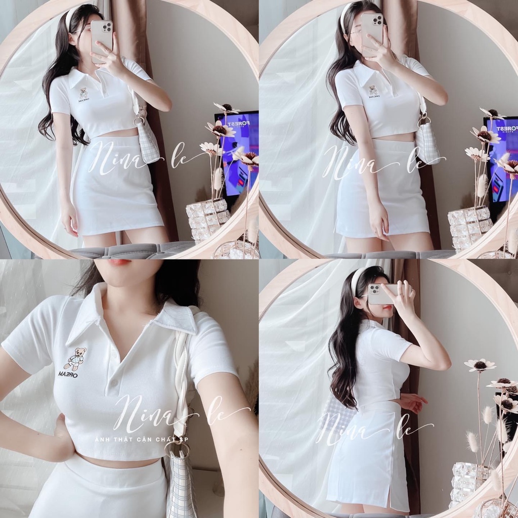 Set bộ áo croptop cổ bẻ thêu gấu xinh kèm chân váy dáng A