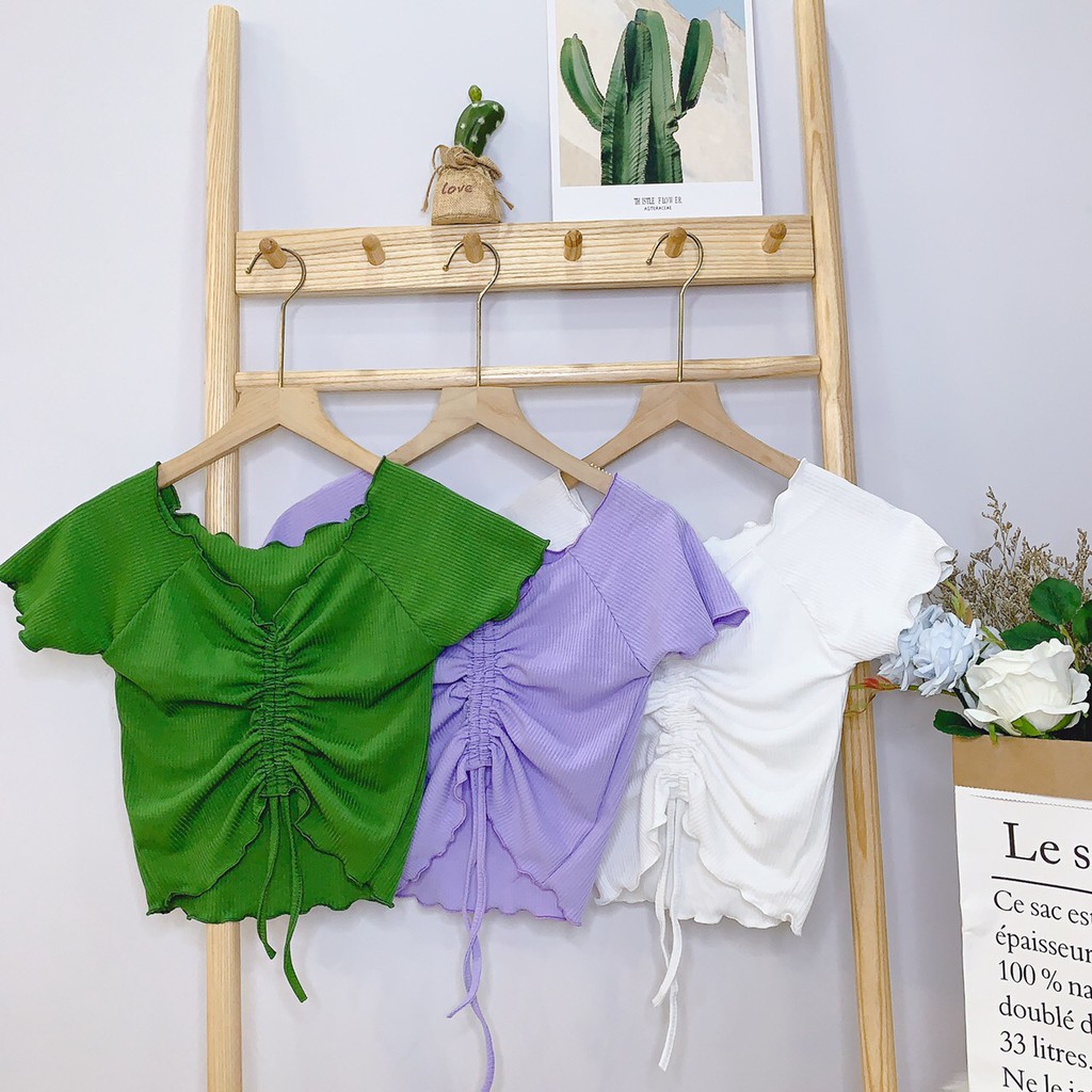 Áo kiểu rút dây giữa viền cuồn biên chất thun gân mềm mịn cực xinh