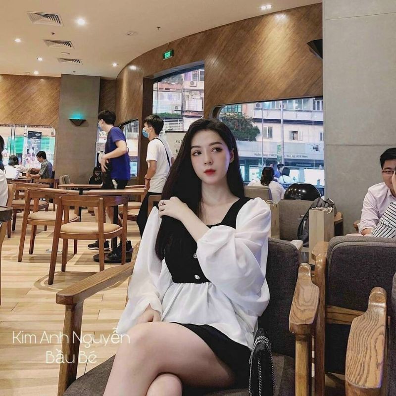 Áo tay phồng cổ vuông phối nút xinh xắn PC❤