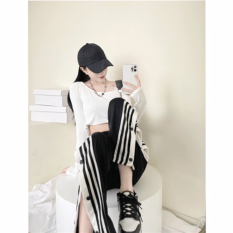 SUXI Quần thể thao ống rộng thiết kế nút phong cách Hàn Quốc thời trang mùa hè cho nữ