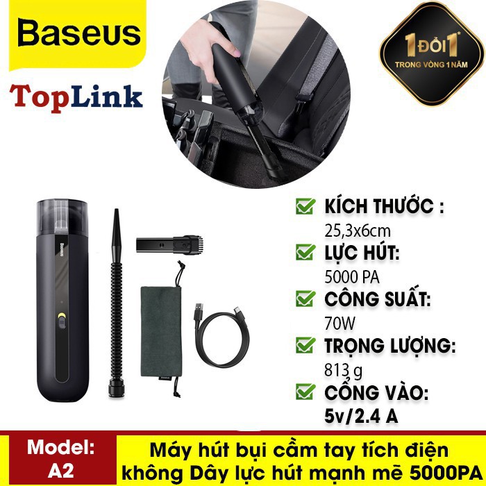 Máy Hút Bụi Pin Sạc Cầm Tay Dùng Cho Xe Hơi Baseus A2 Car Vacuum Cleaner ( 70W, 5000Pa)