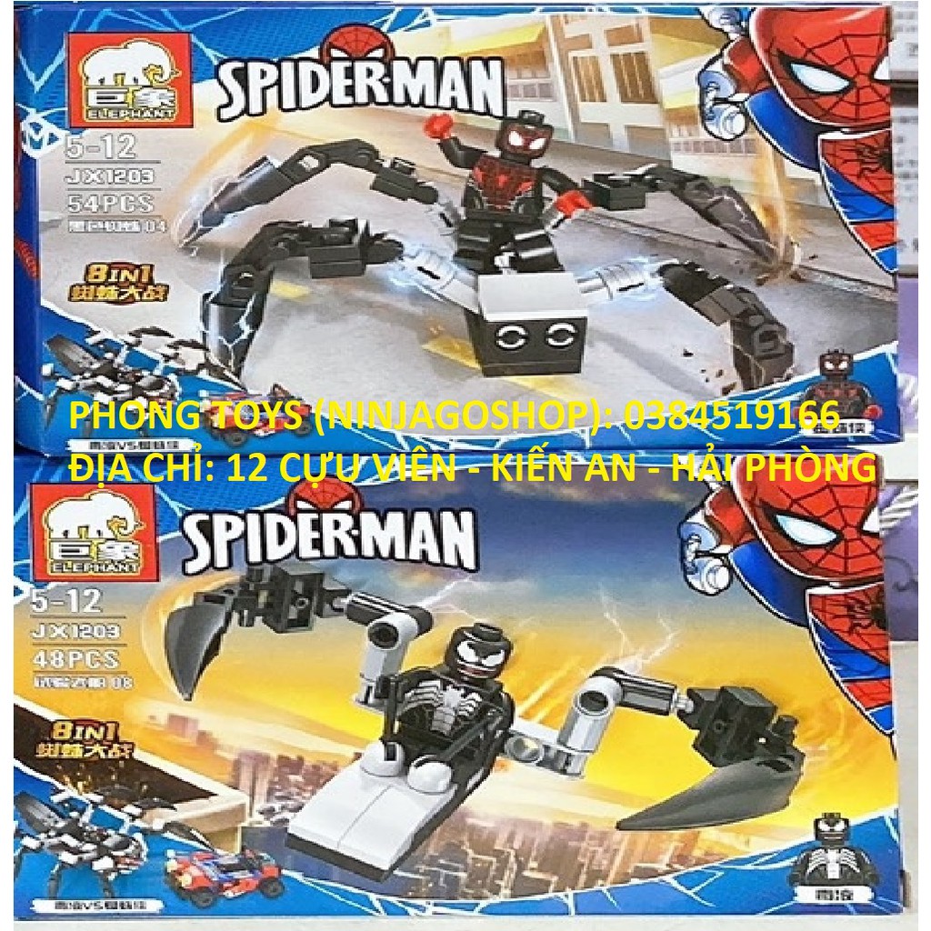 Lắp ráp xếp hình 8 BỘ LEGO NGƯỜI NHỆN 1203 AVENGERS : CHIẾN BINH SPIDERMAN NGƯỜI NHỆN ĐỎ VÀ ĐEN 8 IN 1