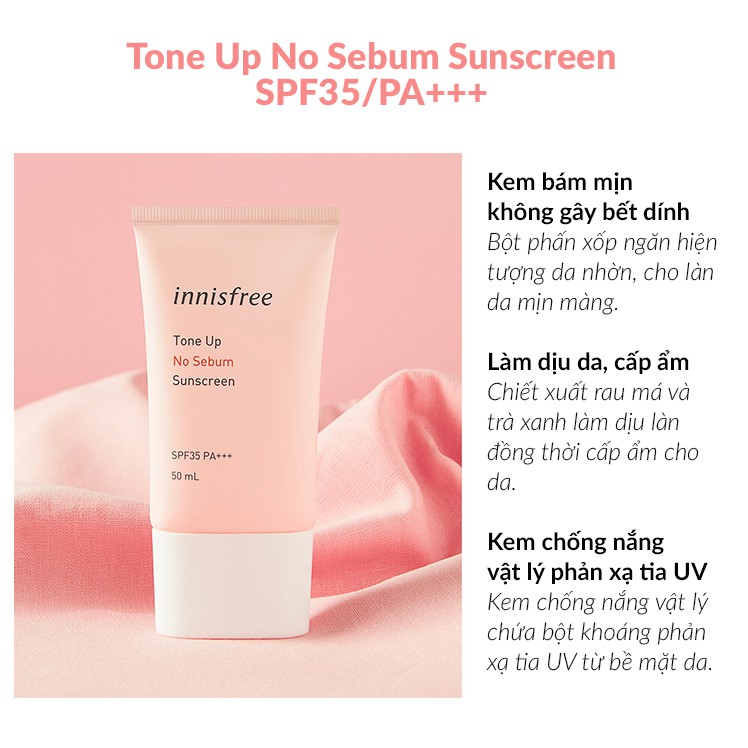 [TẶNG MẶT NẠ] Kem Chống Nắng Kiềm Dầu, Nâng Tone Da Innisfree Tone Up No Sebum Sunscreen SPF35/PA+++ (queen cosmetics)