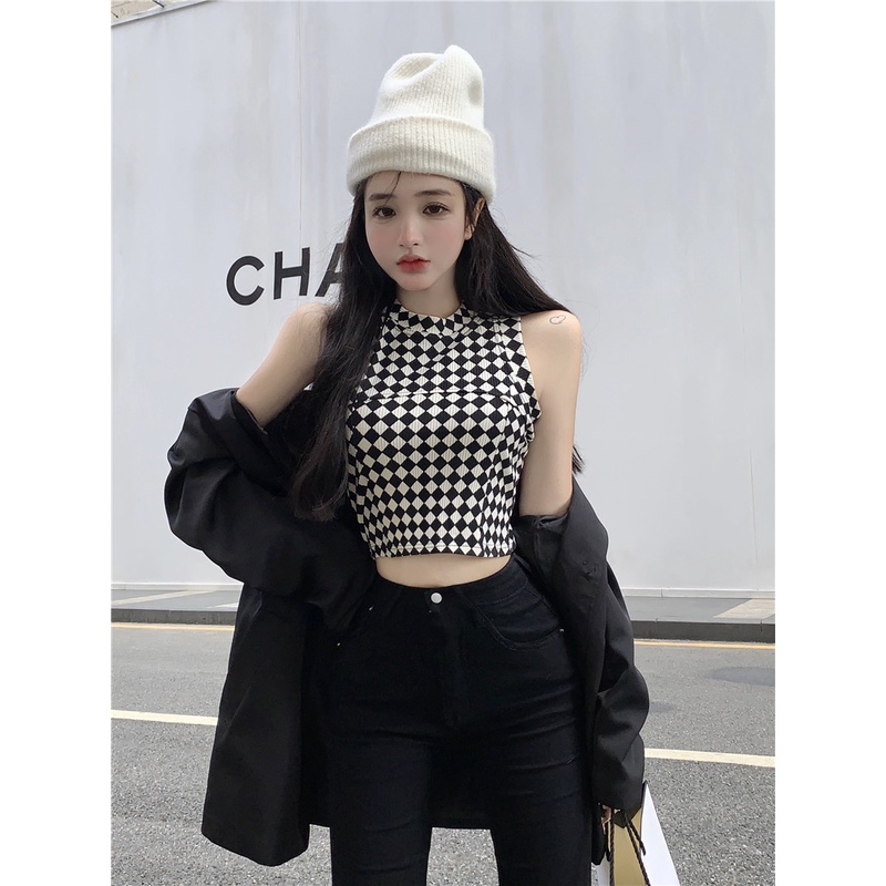 QKOOLE  Áo Croptop Sát Nách Hoạ Tiết Kẻ Caro Phong Cách Hàn Quốc Quyến Rũ
