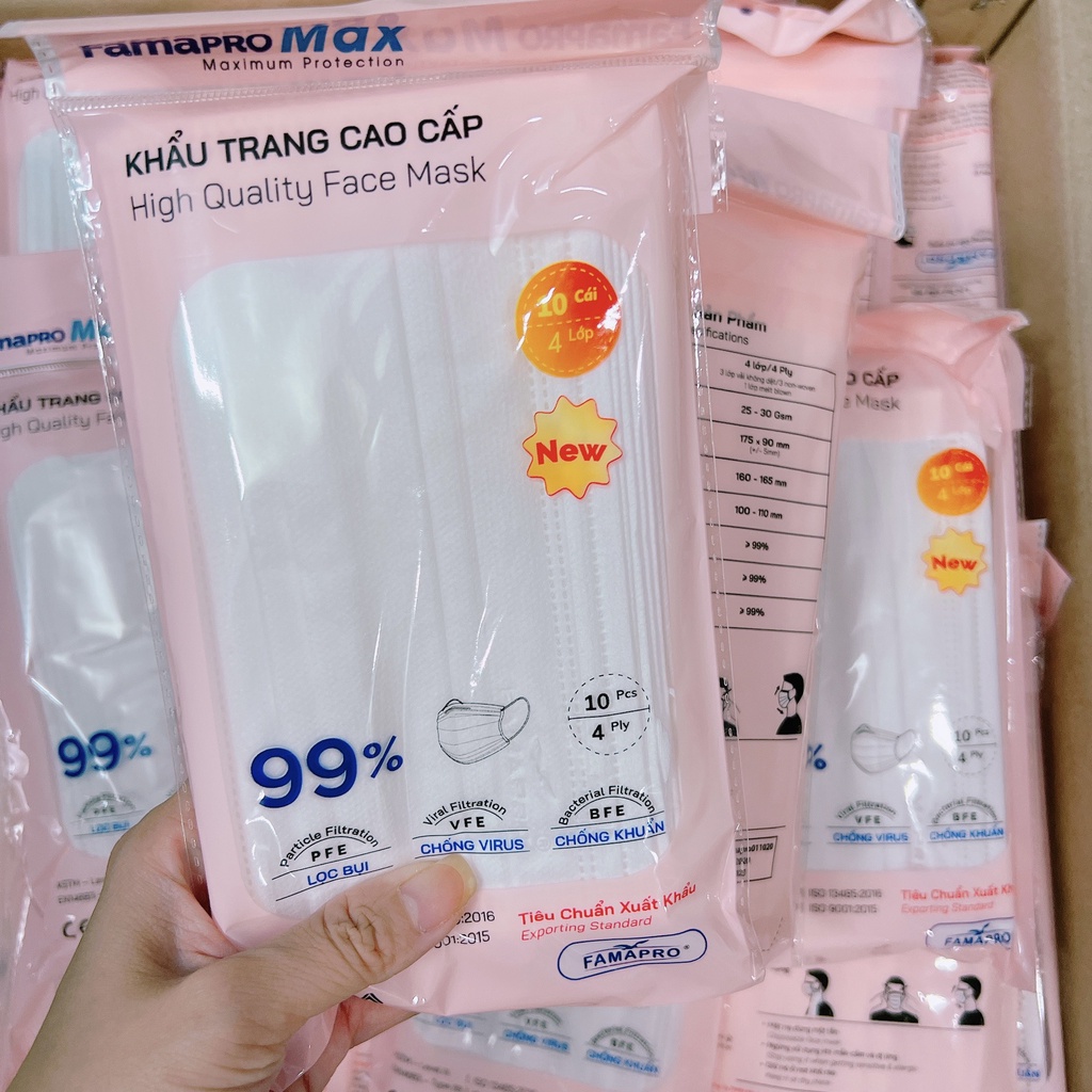 Combo 5 túi khẩu trang y tế 4 lớp kháng khuẩn cao cấp Famapro max, khẩu trang y tế trắng