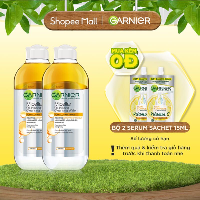Bộ 2 nước làm sạch và tẩy trang cho da khô & trang điểm Garnier Micellar Water 400ml x 2