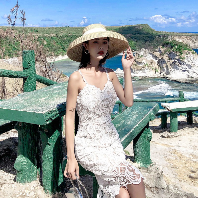 Đầm hai dây dáng ôm phối vải ren thời trang quyến rũ cho nữ