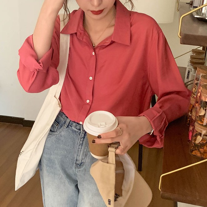 40921 Áo Sơ Mi Dài Tay Màu Trơn Hợp Thời Trang Cho Nữ