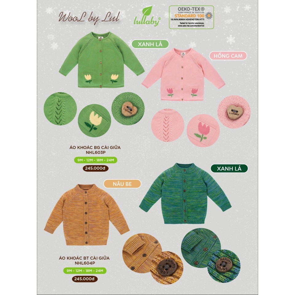 Áo khoác len cài cúc giữa cho bé trai, bé gái Lullaby NHL603P/NHL604P
