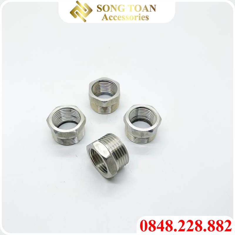 Cà Rá Inox, Nối Chuyển Ren 27 21 Inox Bóng, Đầu Nối Ren Ngoài 27 Ren Trong 21 - INOX